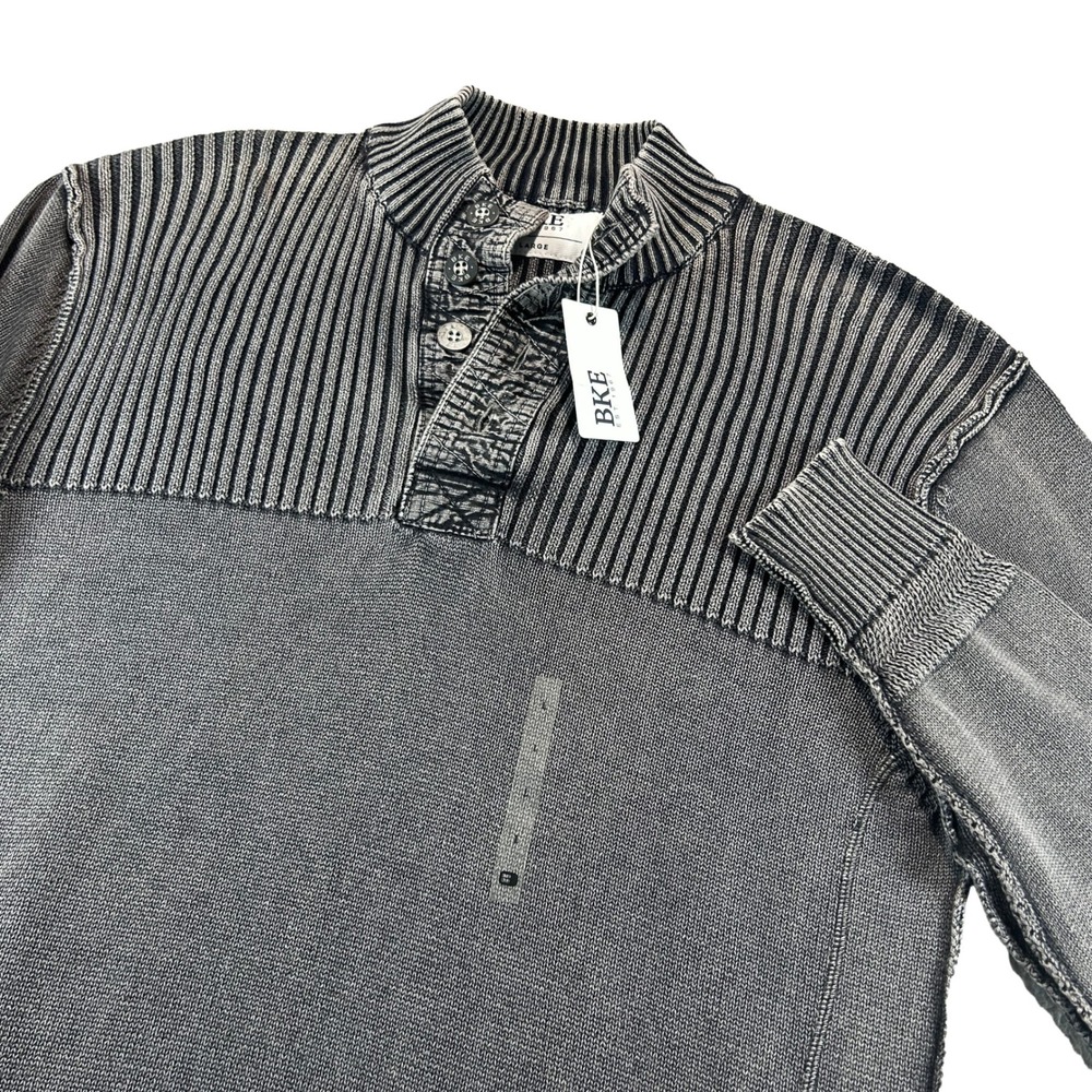 BKE Sweater Mens Large Gray Acid Wash Henley Mock Neck Ribbed Cotton B5083